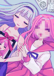 Rule 34 | 2girls, absurdres, bare arms, bare shoulders, blood, blood on arm, blue hairband, blue ribbon, blue skirt, blunt bangs, blush, book, bow, censored, closed eyes, collarbone, commentary request, grey hair, hair spread out, hairband, hand out of frame, highres, holding another&#039;s arm, light smile, lying, mosaic censoring, multicolored tank top, multiple girls, neck ribbon, on back, open mouth, original, parted bangs, picture frame, pink bow, pink hair, pink sailor collar, pink skirt, pink tank top, pixel art, ribbon, sailor collar, shizumu (shi zumu), skirt, smile, tank top, two-tone tank top, upper body, white tank top