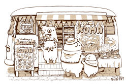 Rule 34 | artist name, baguette, bear, bow, bowtie, bread, chef hat, food, greyscale, hat, looking at another, menu board, monochrome, motor vehicle, no humans, original, st.kuma, table, van