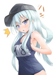 Rule 34 | 1girl, :&lt;, blue eyes, blue hair, blush, breast envy, cosplay, flat chest, hat, hibiki (kancolle), highres, i-8 (kancolle) (cosplay), i-8 (kancolle), kantai collection, long hair, matching hair/eyes, one-piece swimsuit, school swimsuit, solo, ^^^, swimsuit, triangle mouth, upper body, urigarasu, white background