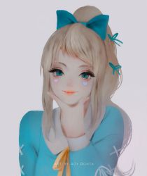 Rule 34 | 1girl, aoi ogata, artist name, blonde hair, blue bow, blue eyes, blue ribbon, blue shirt, blush, bow, closed mouth, commentary, commission, english commentary, facial mark, fingernails, grey background, hair bow, hair ribbon, hand on own chin, hand up, heart, high ponytail, highres, lips, long hair, long sleeves, nail polish, original, ponytail, ribbon, shirt, simple background, smile, solo, upper body, yellow nails