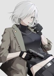 Rule 34 | 1girl, abs, absurdres, belt, cigarette, colored eyelashes, commentary, english text, fiona frost, gloves, grey eyes, gun, hair over one eye, handgun, highres, holding, holding gun, holding lighter, holding weapon, jacket, jewelry, khrnnfz, lighter, medium hair, navel, necklace, pants, sig sauer, sig sauer p320, simple background, solo, spy x family, twilight (spy x family), weapon, weapon request, white background, white hair