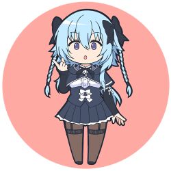 Rule 34 | 1girl, :o, arm at side, assault lily, black bow, black footwear, black ribbon, black skirt, blue hair, bow, braid, brown pantyhose, buttons, center frills, character name, chibi, clothes writing, commentary request, cropped jacket, detached sleeves, frilled shirt, frills, full body, garter straps, hair between eyes, hair bow, hand up, hood, hood down, index finger raised, long hair, long sleeves, looking at viewer, lowres, masaki itsuki, miniskirt, mori tatsuki, neck ribbon, pantyhose, parted lips, pleated skirt, purple eyes, red background, ribbon, round image, school uniform, shirt, shoes, short sleeves, sign language, simple background, skirt, sleeve bow, sleeves past wrists, solo, standing, thighband pantyhose, translated, transparent background, twin braids, underbust, white bow, white shirt, yurigaoka girls academy school uniform