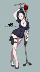 Rule 34 | 1girl, aqua eyes, artist name, bare legs, black gloves, black hair, black hood, blood, blood bag, blue background, breasts, breasts apart, buttons, cleavage, cross, cross necklace, earrings, full body, gloves, hair over one eye, hat, high heels, highres, holster, intravenous drip, jewelry, kamezaemon, looking at viewer, multicolored hair, necklace, nurse, nurse cap, open clothes, original, pale skin, parted lips, ponytail, short hair, short sleeves, simple background, solo, standing, thigh holster, two-tone hair, white hair