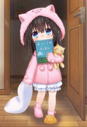 Rule 34 | 10s, 1girl, aged down, animal hood, animal slippers, azuki yui, black hair, bloomers, blue eyes, book, commentary request, covering face, covering own mouth, hair between eyes, holding, holding pillow, hood, idolmaster, idolmaster cinderella girls, indoors, long hair, looking at viewer, pillow, pink legwear, pink sweater, sagisawa fumika, slippers, solo, stuffed animal, stuffed toy, sweater, underwear