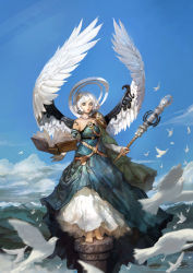 Rule 34 | 1girl, angel, angel wings, armor, bare shoulders, barefoot, bird, blue dress, blue eyes, blue sky, book, cape, cloud, day, dress, floating, floating book, floating object, flying, hair ornament, holding, open book, original, pauldrons, pigeon, pole, shaonav, short hair, shoulder armor, sky, solo, staff, standing, white hair, wings