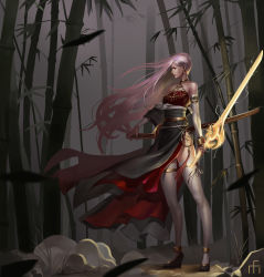 Rule 34 | 00s, 1girl, absurdres, blurry, dark, depth of field, dungeon and fighter, falling leaves, female slayer (dungeon and fighter), halterneck, highres, holding, holding sword, holding weapon, jewelry, leaf, long hair, midfinger, necklace, pelvic curtain, pink hair, red eyes, solo, standing, sword, thighhighs, vagabond (dungeon and fighter), very long hair, weapon, white thighhighs