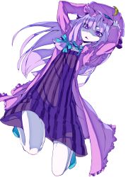 Rule 34 | 1girl, crescent, crescent hair ornament, falling, full body, hair ornament, hair ribbon, hands on headwear, hat, legs, long hair, mob cap, nightgown, patchouli knowledge, purple eyes, purple hair, red pupils, ribbon, slippers, solo, thupoppo, touhou, transparent background