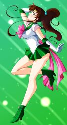 Rule 34 | 1girl, ankle boots, arm behind head, arm up, artist name, bare legs, bishoujo senshi sailor moon, blush, boots, bow, breasts, brown hair, choker, closed mouth, commentary, cosplay, danmakuman, earrings, elbow gloves, full body, gloves, gradient background, green background, green eyes, hair bobbles, hair ornament, high ponytail, highres, jewelry, kino makoto, kino makoto (cosplay), legs, long hair, looking at viewer, magical girl, medium breasts, ponytail, sailor collar, sailor jupiter, sidelocks, signature, sleeveless, smile, thighs, tiara, white gloves