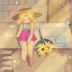 Rule 34 | 1girl, bare arms, bare legs, bare shoulders, barefoot, blue tank top, brown hat, chinese commentary, closed eyes, dashu03, door, flip-flops, flower, from above, full body, hair intakes, haley (stardew valley), hat, highres, medium hair, miniskirt, no mouth, pink skirt, pleated skirt, porch, sandals, sitting, skirt, solo, stairs, stardew valley, sun hat, sunflower, tank top, u u, unworn footwear, wooden door, wooden porch, wooden stairs, yellow flower