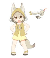 Rule 34 | 1girl, animal ears, blush, ears through headwear, hands on own hips, hood, hoodie, looking at viewer, open mouth, simple background, solo, torque, white background