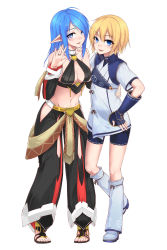 Rule 34 | 2girls, alph lyla, bare hips, bare shoulders, bike shorts, blue eyes, blue hair, blush, breasts, cleavage, cleavage cutout, clothing cutout, detached sleeves, elf, fingerless gloves, flat chest, gloves, groin, halterneck, halterneck, hamano ikusa, hand on own hip, highres, hip vent, iris (ryou@ryou), leaning forward, looking at viewer, midriff, multiple girls, navel, original, phantasy star, phantasy star online 2, pointy ears, ryou@ryou, sandals, sideboob, simple background, smile, toenails, white background