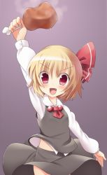 Rule 34 | 1girl, arm up, bad id, bad pixiv id, blonde hair, boned meat, dress shirt, embodiment of scarlet devil, fang, female focus, food, hair ribbon, meat, red eyes, ribbon, rumia, shirt, short hair, sil, skirt, solo, supershiruco, touhou
