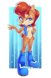 Rule 34 | 1girl, artist name, blue eyes, boots, breasts, brown fur, brown hair, full body, furry, hand on own hip, looking at viewer, medium breasts, metalpandora (artist), sally acorn, smile, sonic (series), tail, transparent background, vest