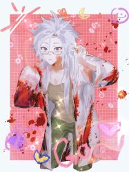 Rule 34 | 1girl, absurdres, blood, blood on clothes, blood on face, blue eyes, breasts, brown camisole, camisole, chinese commentary, cleavage, commentary request, cowboy shot, cropped legs, genderswap, genderswap (mtf), glasses, green pants, highres, kanou aogu, lab coat, large breasts, long hair, long sleeves, looking at viewer, nature-n, open clothes, pants, parted lips, rectangular eyewear, saibou shinkyoku, semi-rimless eyewear, solo, sparkle, white hair