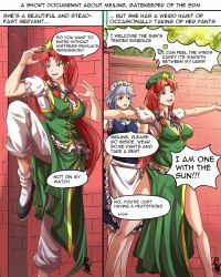Rule 34 | 2girls, absurdres, apron, blue eyes, braid, buhbuhbored, chinese clothes, comic, dress, english text, hat, highres, hong meiling, izayoi sakuya, left-to-right manga, long hair, maid, maid headdress, multiple girls, open mouth, red hair, ribbon, short hair, smile, star (symbol), touhou, twin braids, wall
