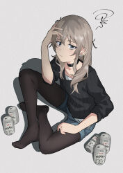 Rule 34 | 1girl, absurdres, beer can, black pantyhose, black sweater, blue shorts, can, closed mouth, commentary request, dated commentary, denim, denim shorts, drink can, earclip, eflo (794753336), expressionless, full body, girls band cry, grey background, grey eyes, hand on own head, highres, kawaragi momoka, light brown hair, long hair, long sleeves, looking at viewer, multicolored hair, no shoes, pantyhose, roots (hair), shadow, shorts, simple background, sitting, solo, squiggle, sweater