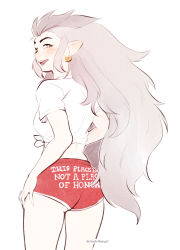 Rule 34 | 1girl, ass, breasts, chadolbaegi, commentary, cowboy shot, earrings, edalyn clawthorne, english text, from behind, highres, jewelry, long hair, looking at viewer, looking back, mature female, meme, open mouth, pointy ears, red shorts, shirt, shorts, single earring, solo, symbol-only commentary, teeth, upper teeth only, white background, white hair, white shirt, yellow eyes