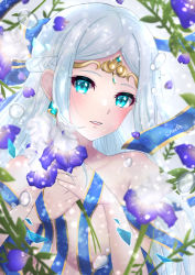 Rule 34 | 1girl, airis (shironeko project), blue eyes, blue ribbon, breasts, collarbone, earrings, flower, highres, jewelry, long hair, looking at viewer, luxunshangxiang, medium breasts, nude, parted bangs, parted lips, purple flower, ribbon, shironeko project, silver hair, solo, upper body