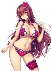 Rule 34 | 1girl, bikini, breasts, bridal garter, cleavage, commentary request, cowboy shot, fate/grand order, fate (series), flower, hair flower, hair intakes, hair ornament, highres, large breasts, long hair, looking at viewer, navel, panye, parted lips, pink bikini, purple bikini, purple hair, red eyes, scathach (fate), scathach (fate/grand order), scathach (swimsuit assassin) (fate), simple background, solo, swimsuit, thigh strap, white background