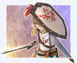 Rule 34 | alternate costume, armor, artist name, belt, belt buckle, blonde hair, blue eyes, brown belt, buckle, chainmail, commentary request, gloves, helmet, holding, holding shield, holding sword, holding weapon, knight, link, looking at viewer, male focus, medium hair, nintendo, open mouth, plume, pom (juice), sheath, shield, shirt, soldier&#039;s set (zelda), solo, sword, the legend of zelda, the legend of zelda: breath of the wild, triforce, tunic, unsheathed, upper body, weapon, white shirt