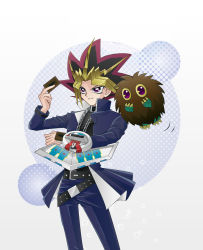 Rule 34 | 1boy, card, duel disk, duel monster, dyed bangs, holding, holding card, kuriboh, male focus, multicolored hair, purple eyes, smile, spiked hair, summer tree (natsuking), yami yugi, yu-gi-oh!, yu-gi-oh! duel monsters
