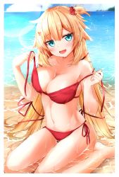 Rule 34 | 1girl, :d, absurdres, akai haato, bare arms, bare shoulders, beach, bikini, blonde hair, blue eyes, breasts, caustics, cleavage, collarbone, commentary request, day, ex idol, hair between eyes, hair ornament, halterneck, highres, hololive, large breasts, lens flare, long hair, looking at viewer, navel, one side up, open mouth, outdoors, red bikini, side-tie bikini bottom, smile, solo, stomach, string bikini, sunlight, swimsuit, thighs, untied bikini, very long hair, virtual youtuber, water, wet