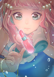 Rule 34 | 1girl, alternate eye color, aqua shirt, blouse, blurry, bracelet, bubble, close-up, commentary, cosmetics, depth of field, fins, foreshortening, frilled shirt, frills, glowing, grey eyes, head fins, highres, jewelry, laura (precure), lipstick tube, looking at object, mermaid, monster girl, multicolored shirt, necklace, pearl hair ornament, pearl necklace, pink hair, piyoko (unzyumaru), precure, shirt, solo, sparkle, submerged, thick eyebrows, tropical-rouge! precure, underwater, white shirt