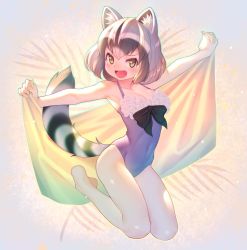 Rule 34 | 1girl, :d, animal ear fluff, animal ears, bare arms, bare legs, bare shoulders, barefoot, black hair, blue one-piece swimsuit, breasts, commentary, common raccoon (kemono friends), covered navel, full body, grey hair, highres, holding, holding towel, kemono friends, looking at viewer, medium breasts, mifu (b24vc1), multicolored hair, one-piece swimsuit, open mouth, outline, outstretched arms, raccoon ears, raccoon tail, smile, solo, spread arms, striped tail, swimsuit, tail, towel, white hair, yellow eyes