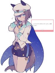 Rule 34 | animal ears, black shorts, blush, breasts, brown hair, cheval grand (umamusume), closed mouth, commentary, green eyes, hat, highres, horse ears, horse girl, horse tail, long sleeves, looking at viewer, marshmallow (site), medium breasts, multicolored hair, rjsn, short hair, shorts, tail, translated, umamusume, white hair, white hat