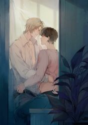 Rule 34 | 2boys, arm behind back, ash lynx, back, banana fish, belt, bishounen, black male underwear, blonde hair, blush, brown eyes, brown hair, clothes pull, couple, denim, eye contact, face-to-face, feet out of frame, green eyes, hand on another&#039;s back, hand under clothes, imminent kiss, indoors, jeans, looking at another, loose belt, male focus, male underwear, male underwear peek, multiple boys, okumura eiji, open mouth, pants, partially unbuttoned, partially undressed, partially unzipped, pectoral cleavage, pectorals, pink shirt, plant, shirt, shirt pull, short hair, sitting, underwear, undressing, undressing another, vidave1, white shirt, yaoi