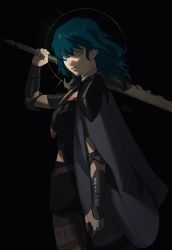 Rule 34 | 1girl, black background, blue hair, breasts, byleth (female) (fire emblem), byleth (fire emblem), cape, cowboy shot, fire emblem, fire emblem: three houses, from side, green eyes, highres, large breasts, looking at viewer, medium hair, nintendo, pantyhose, roru (lol dessin), signature, solo, vambraces, weapon