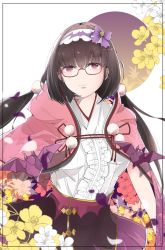 Rule 34 | 1girl, absurdres, bat (animal), bow, brown hair, commentary request, fate/grand order, fate (series), flower, fushimi go, glasses, hairband, highres, hood, hood down, japanese clothes, long hair, looking at viewer, low twintails, origami, osakabehime (fate), pink eyes, pom pom (clothes), purple eyes, red-framed eyewear, semi-rimless eyewear, solo, twintails, white background, white flower, yellow flower