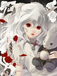 Rule 34 | 1girl, 3boys, ace (playing card), akabane kuroudo, albino, alice (alice in wonderland), alice in wonderland, amano ginji, blood, bow, brooch, buttons, card, cigarette, flat chest, floating card, flower, formal, frills, gem, getbackers, glasses, goth fashion, hair bow, hat, highres, holding, jewelry, joker (playing card), king (playing card), lipstick, lolita fashion, long hair, looking at viewer, makeup, makube-hakase, midou ban, mouth hold, multiple boys, neck ribbon, papillon10, parody, petals, pince-nez, playing card, pocket watch, red eyes, ribbon, rimless eyewear, rose, shirt, short hair, spiked hair, striped, stuffed animal, stuffed rabbit, stuffed toy, suit, sunglasses, turtleneck, upper body, very long hair, watch, wavy hair, white flower, white hair, white rose