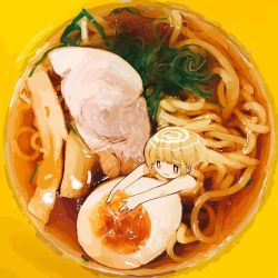 Rule 34 | 1girl, :3, artist request, bird, blonde hair, bowl, chicken, egg, egg (food), food, hardboiled egg, noodles, original, outo eguchi, partially submerged, simple background, solo, soup, yellow background