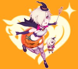 Rule 34 | 10s, 1girl, bags under eyes, bandeau, bare shoulders, black gloves, blonde hair, blush, cape, chibi, earrings, elbow gloves, fingerless gloves, gloves, hair over one eye, halloween, hat, hijiri rei, idolmaster, idolmaster cinderella girls, jack-o&#039;-lantern, jewelry, looking at viewer, midriff, mini hat, navel, open mouth, pink thighhighs, red eyes, see-through, shirasaka koume, short hair, skirt, smile, solo, strapless, thighhighs, tube top, wand, witch hat