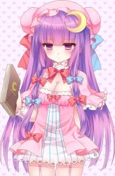 Rule 34 | 1girl, :|, absurdres, adapted costume, alternate costume, bad id, bad pixiv id, blush, book, bow, breasts, cleavage, closed mouth, crescent, crescent hair ornament, dress, frilled dress, frills, garter straps, hair bow, hair ornament, hair ribbon, hat, heart, heart background, highres, holding, holding book, medium breasts, mob cap, patchouli knowledge, purple eyes, purple hair, revision, ribbon, solo, touhou, tsukikage nemu