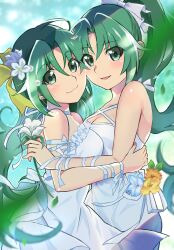 Rule 34 | 2girls, :3, bow, breast press, closed mouth, dress, earrings, floating hair, flower, green eyes, green hair, grey choker, hair between eyes, hair bow, hair flower, hair ornament, highres, higurashi no naku koro ni, holding, holding flower, jewelry, long hair, looking at viewer, mashimaro tabetai, multiple girls, open mouth, ponytail, ribbon, siblings, sisters, sleeveless, sleeveless dress, sonozaki mion, sonozaki shion, symmetrical docking, very long hair, white bow, white dress, white flower, white ribbon, yellow bow, yellow flower