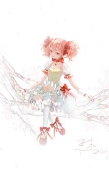 Rule 34 | 1girl, absurdres, bow, bow choker, branch, bubble skirt, chinese commentary, choker, collarbone, commentary request, crossed ankles, dress, dress bow, expressionless, footwear bow, frilled skirt, frilled sleeves, frilled socks, frills, full body, gloves, hair bow, highres, kaname madoka, knee up, kneehighs, mahou shoujo madoka magica, mahou shoujo madoka magica (anime), parted lips, pink dress, pink eyes, pink hair, puffy short sleeves, puffy sleeves, red bow, red choker, red footwear, rufen284, short hair, short sleeves, short twintails, simple background, sitting, sitting on branch, skirt, socks, solo, twintails, white background, white gloves, white skirt, white socks
