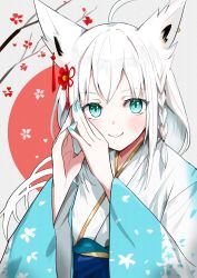 Rule 34 | 1girl, ahoge, animal ears, blue eyes, blue kimono, blush, braid, closed mouth, commentary, fingers together, fox ears, grey background, hair ornament, highres, hololive, japanese clothes, kimono, long hair, looking at viewer, moon2dog, multicolored clothes, multicolored kimono, obi, own hands together, red background, rising sun flag, sash, shirakami fubuki, shirakami fubuki (new year), side braid, simple background, single braid, smile, solo, sunburst, upper body, virtual youtuber, white hair, white kimono, wide sleeves