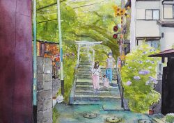 Rule 34 | building, child, crosswalk sign, flower, kamakura (city), kanagawa, original, painting (medium), power lines, railing, road, stairs, street, torii, traditional media, traffic light, utility pole, watercolor (medium), white flower, window, yuki furasi