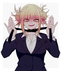 Rule 34 | 1girl, alternate costume, black jacket, blonde hair, blunt bangs, boku no hero academia, collarbone, collared shirt, commentary request, double bun, dress shirt, fang, hair bun, hands up, highres, holding, jacket, long sleeves, looking at viewer, messy hair, okumari, open mouth, shirt, sidelocks, simple background, smile, solo, toga himiko, upper body, white background, white shirt, yellow eyes