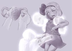 Rule 34 | 1girl, 2others, ^ ^, blush, bob cut, bow, bowtie, breasts, closed eyes, cowboy shot, disembodied limb, fallopian tubes, ghost, grey background, hair ribbon, hairband, happy, katsura dendou, konpaku youmu, long sleeves, looking down, miniskirt, monochrome, multiple others, multiple views, open mouth, raised eyebrow, ribbon, shirt, shirt tucked in, short hair, sidelocks, simple background, skirt, small breasts, smile, standing, surprised, textless version, touhou, transparent, uterus, vest, wide-eyed, x-ray