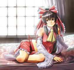 Rule 34 | 1girl, bad anatomy, bad id, bad perspective, bad pixiv id, bad proportions, bow, brown hair, detached sleeves, female focus, hakurei reimu, indoors, japanese clothes, lips, miko, poorly drawn, raybar, short hair, solo, touhou