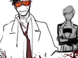 Rule 34 | 1boy, 1girl, a.m, annoyed, bad source, black hair, blood, blood on clothes, blood on face, blood on hands, crossover, english text, evil grin, evil smile, glados, glasses, grin, i have no mouth and i must scream, kwh6762, lab coat, messy hair, necktie, opaque glasses, personification, portal (series), red necktie, smile, white hair