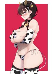 Rule 34 | 1girl, absurdres, animal ears, animal print, arm under breasts, ass, bell, bikini, blush, braid, breasts, closed mouth, commentary request, covered erect nipples, cow ears, cow horns, cow print, cow print bikini, cow tail, cowbell, curvy, elbow gloves, eyepatch bikini, fake animal ears, fake horns, fon (96nokimihito), freckles, from side, gloves, hair over shoulder, hair tie, hairband, hand on own chest, highres, horns, huge breasts, long hair, looking at viewer, mole, mole under mouth, navel, neck bell, original, print bikini, print gloves, print hairband, purple eyes, red background, side-tie bikini bottom, side-tie bottom, simple background, skindentation, solo, standing, swimsuit, tail, thighhighs, twin braids, two-tone background, white-framed eyewear, white background