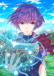 Rule 34 | 1girl, blue eyes, blue sky, book, breasts, day, electricity, fire emblem, fire emblem: new mystery of the emblem, floating hair, holding, katarina (fire emblem), looking at viewer, medium breasts, nintendo, open book, outdoors, purple hair, purple ribbon, purple shirt, ribbon, shirt, short hair, short sleeves, sky, solo, soyo2106, upper body