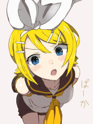 Rule 34 | &gt;:o, 1girl, arms behind back, bare shoulders, blonde hair, blue eyes, blush, blush stickers, bow, detached sleeves, foreshortening, hair bow, hair ornament, hairclip, highres, kagamine rin, leaning forward, looking at viewer, nishikino kee, open mouth, perspective, sailor collar, shirt, shorts, sleeveless, sleeveless shirt, solo, tsundere, v-shaped eyebrows, vocaloid, yellow neckwear