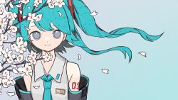 Rule 34 | 1girl, aqua eyes, aqua hair, aqua necktie, blue background, branch, breasts, cherry blossoms, closed mouth, collared shirt, detached sleeves, floating hair, grey shirt, hatsune miku, looking at viewer, necktie, neruzou, petals, shirt, small breasts, smile, solo, tree, twintails, upper body, vocaloid