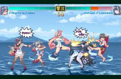 Rule 34 | 5girls, abyssal ship, apron, atoll aircraft carrier anchorage princess, barefoot, black dress, black footwear, black hair, blue one-piece swimsuit, breasts, cloud, colored skin, day, dress, drum (kancolle), fighting game, gameplay mechanics, glasses, grey hair, grey skin, hat, headgear, health bar, heian maru (kancolle), high heels, horns, i-36 (kancolle), i-41 (kancolle), kantai collection, kicking, letterboxed, long hair, multiple girls, one-piece swimsuit, oobako, open mouth, outdoors, pink hair, pixel art, pointing, rigging, sailor collar, short twintails, sky, standing, swimsuit, thighhighs, twintails, very long hair, water, white apron