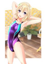 Rule 34 | 1girl, absurdres, arms behind head, bench, blonde hair, blurry, blurry background, breasts, competition swimsuit, covered navel, cowboy shot, hair bobbles, hair ornament, hairband, high school fleet, highres, medium hair, multicolored clothes, multicolored swimsuit, one-piece swimsuit, open mouth, plant, potted plant, purple hair, purple one-piece swimsuit, small breasts, solo, standing, swimsuit, takafumi, wakasa reo, white hairband